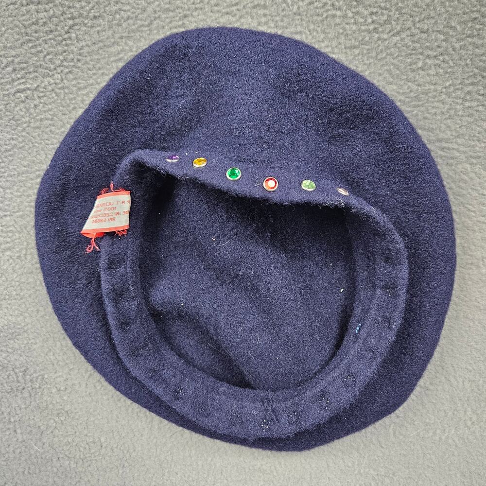 Wool Baret Hat Tam Navy Blue Gems Artsy Artist
